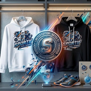 May include: White and black hoodies with the word "SPORTIF" and a graphic design. The hoodies are displayed with a pair of athletic shoes and a "Limited Edition" badge. The design includes the text "ATHLETIC / PERFORMANCE".