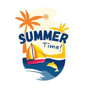 May include: A vibrant illustration with the text "SUMMER Time!" in blue. The image depicts a sailboat with a yellow sail, a dolphin, palm trees, and a sun, set against a blue and yellow backdrop, creating a beach scene.