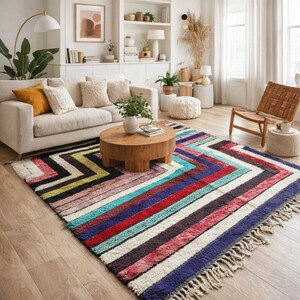 May include: A vibrant, patterned rug in a living room. The rug has a geometric design with stripes of blue, red, pink, and yellow. It sits on a wooden floor, with a sofa and coffee table visible in the background. The rug's dimensions are approximately 200cm x 300cm.