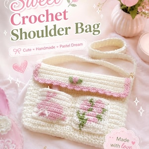 Puede incluir: Bolso de hombro de ganchillo blanco roto hecho a mano con detalles florales y de conejito rosas y verdes. El bolso tiene un cierre de solapa y una correa para el hombro. El texto en la imagen dice "Sweet Crochet Shoulder Bag", "Cute Handmade Pastel Dream" y "Made with love, for you."