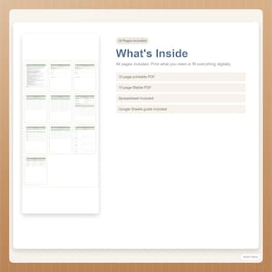 Puede incluir: Una descripción general del producto digital con el título "What's Inside" y el texto "Todas las páginas incluidas. Imprime lo que necesites o rellena todo digitalmente." La imagen incluye un PDF imprimible de 10 páginas, un PDF rellenable de 10 páginas, una hoja de cálculo y una guía de Google Sheets.