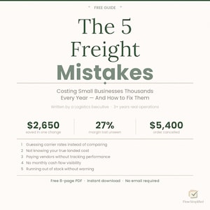 May include: A digital graphic with the title "The 5 Freight Mistakes" in a bold, dark green font. The image highlights cost-saving statistics and common errors in freight management for small businesses, offering solutions.