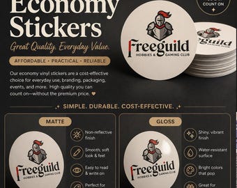 May include: Economy stickers with the text "Freeguild Hobbies & Gaming Club" in a white circle. The image also includes text that says "Great Quality. Everyday Value." and "Simple. Durable. Cost-Effective."