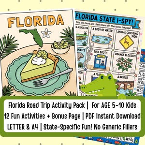 Może przedstawiać: Zestaw aktywności na wycieczkę po Florydzie zawierający kolorowankę z kawałkiem ciasta limetkowego oraz arkusz do gry I-Spy. Tekst głosi Florida Road Trip Activity Pack, For AGE 5-10 Kids, 12 Fun Activities + Bonus Page, PDF Instant Download, LETTER & A4, State-Specific Fun! No Generic Fillers.