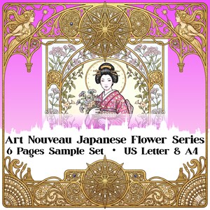 Può includere: Design Art Nouveau con una geisha che tiene dei fiori, incorniciato da una filigrana dorata e un bordo rosa. Il testo recita "Art Nouveau Japanese Flower Series 6 Pages Sample Set • US Letter & A4".