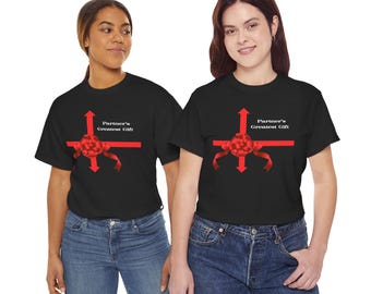 May include: A black short-sleeve t-shirt featuring a graphic of a red ribbon tied in a cross shape with a bow at the center. The text "Partner's Greatest Gift" is printed in white letters next to the red ribbon graphic on the front of the shirt.