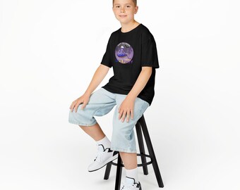 May include: A black short-sleeve t-shirt featuring a circular graphic of a skeleton sitting on a purple moon with the text "HAPPY HALLOWEEN" and "LET'S PARTY" in white and purple lettering, paired with light blue denim shorts and white sneakers.