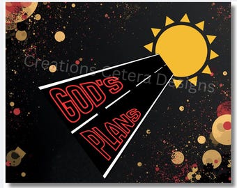 May include: A rectangular graphic print on a black background featuring a yellow sun in the upper right corner. A black road with white lane markings extends from the sun, displaying the red text GOD'S PLANS. The background includes scattered circles.