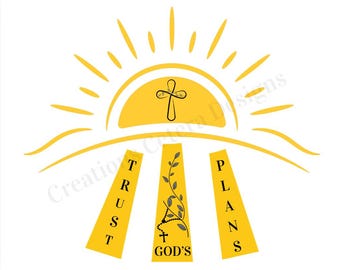 May include: A graphic design featuring a yellow sun rising over three vertical yellow beams. The center beam displays a black vine illustration, a rosary, and the text GOD'S. The left beam reads TRUST and the right beam reads PLANS. A black cross is centered in the sun.