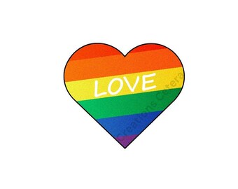 May include: A heart-shaped graphic with a rainbow gradient, featuring the word "LOVE" in white. The design has a black outline and is set against a white background. The rainbow colors include red, orange, yellow, green, blue, and purple.