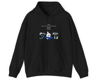 May include: A black hooded sweatshirt featuring a graphic of a person sitting cross-legged while playing a video game, surrounded by various game controllers and consoles. The text reads: Son: Mom, you have control issues! Mom: Really...