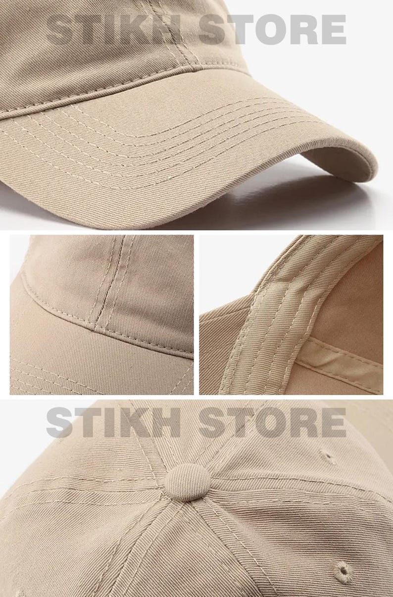 May include: Close-up shots of a beige baseball cap. The cap features a curved brim, stitched details, and a button on top. The text "STIKH STORE" is visible in the image. This hat is a casual accessory.