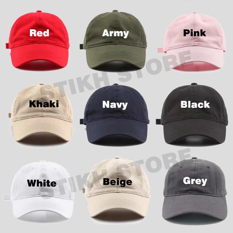 May include: A collection of nine baseball caps in various colors, including red, army green, pink, khaki, navy, black, white, beige, and grey. Each cap has a curved brim and a fabric strap closure on the back. The color of each cap is labeled in white text.