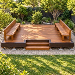 May include: A rectangular wooden deck featuring two built-in benches on opposite sides and a central set of two steps leading down. The structure is constructed from warm-toned horizontal planks with dark brown trim, supported by concrete blocks.