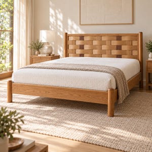 May include: A wooden bed frame featuring a headboard with a woven pattern of light and dark brown wood strips. The bed is dressed in a white textured mattress cover and a beige knit throw blanket draped across the foot of the bed.
