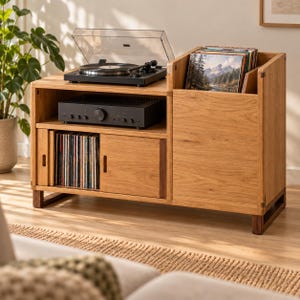May include: A light brown wooden media console featuring a top surface with a black turntable and a black amplifier. The unit includes a vertical storage compartment for vinyl records on the right and a lower shelf with sliding doors for records.