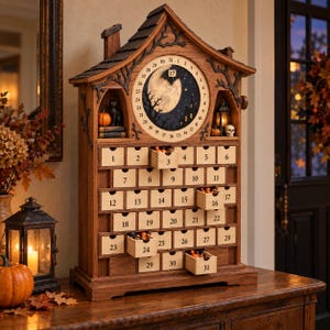 Puede incluir: Un calendario de adviento de madera con forma de casa y acabado marrón oscuro, que presenta una esfera central con una ilustración de la luna y los números del 1 al 31. Incluye treinta y un cajones pequeños numerados, algunos entreabiertos.
