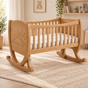 Peut inclure: Un berceau à bascule en bois brun clair avec un motif de soleil gravé sur la tête et le pied de lit. Le berceau présente des barreaux verticaux sur tous les côtés, un matelas blanc et des pieds incurvés avec des fixations en métal argenté.