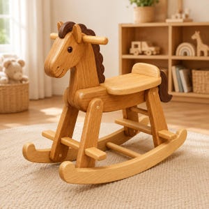 May include: A wooden rocking horse featuring a light brown body with a dark brown mane and tail. The toy has a smooth finish, a seat, two handles for gripping, and curved rockers at the base. The design includes a simple head, a sturdy frame, and horizontal footrests for support during use.
