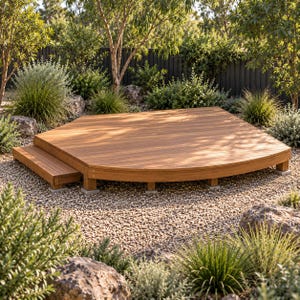 May include: A low-profile, hexagonal wooden deck platform featuring horizontal planking and a warm brown finish. The structure is supported by small concrete blocks and includes a single attached step on the left side, resting on a gravel ground surface.