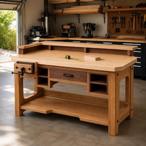 May include: A wooden workbench featuring a light-colored top, a dark wood drawer, and open storage compartments. It includes a metal vise on the left side, a raised back ledge, and a lower shelf. A small yellow measuring tape rests on the surface.