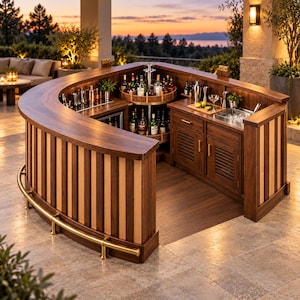 Puede incluir: Una barra de madera curva para exteriores con un expositor de botellas giratorio de dos niveles, un fregadero de acero inoxidable integrado y puertas de armario con persianas. La estructura incluye un reposapiés de latón y listones verticales.