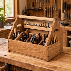 Puede incluir: Una caja de herramientas de madera con un asa central y múltiples compartimentos, llena de diversas herramientas manuales de carpintería, incluyendo cepillos de metal, formones y una fila de brocas organizadas en un soporte en la parte trasera.