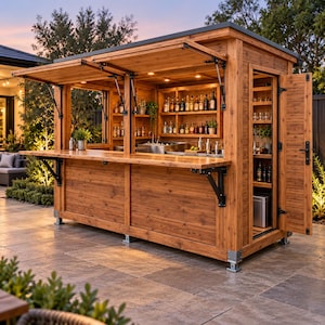 Puede incluir: Una estructura de bar exterior de madera con una barra horizontal, dos paneles abatibles hacia arriba y una puerta lateral integrada. El interior incluye múltiples estantes con varias botellas de vidrio, cristalería y un pequeño refrigerador.