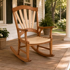 Puede incluir: Una mecedora de madera con un diseño bicolor que presenta una estructura marrón oscura y listones de color beige claro en el respaldo y el asiento. La silla cuenta con balancines curvos, apoyabrazos y un respaldo en forma de abanico.