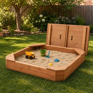 May include: A square wooden sandbox with a hinged lid that is partially open. The sandbox is filled with sand and contains a yellow plastic toy dump truck, a green plastic bucket, a blue plastic shovel, and a small blue star-shaped toy.