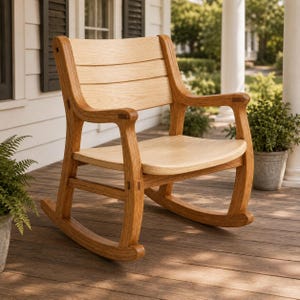 May include: A light-coloured wooden rocking chair with a curved backrest featuring three horizontal slats, curved armrests, and a contoured seat. The chair is constructed from natural wood with visible grain patterns and sturdy, arched rockers.