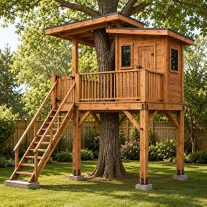 Könnte beinhalten: Ein um einen zentralen Baumstamm gebautes Baumhaus aus Holz mit einer erhöhten Plattform mit Geländer, einer kleinen geschlossenen Hütte mit Tür und zwei Fenstern sowie einer Treppe, die zur Terrasse führt, alles gestützt durch stabile Holzpfosten.