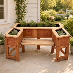 May include: A wooden garden bench featuring two integrated planter boxes on either side and a central elevated planter section. The structure is crafted from light brown wood with a slatted seat and dark hardware accents, containing green plants.