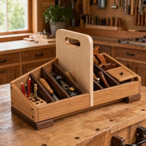 Puede incluir: Un organizador de herramientas de madera con un asa vertical central y múltiples compartimentos. Incluye una rejilla para lápices, ranuras para herramientas manuales como formones y cepillos, y un pequeño cajón de madera clara y oscura.