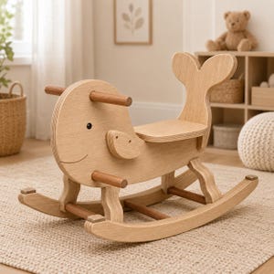Könnte beinhalten: Ein helles Holzschaukelpferd in Walform mit glatter Oberfläche, kleinem Sitz, rückenlehne in Flossenform und zwei horizontalen Holzgriffen zum Festhalten. Das Design zeigt eine einfache geschwungene Linie als Mund und einen dunklen Punkt als Auge.