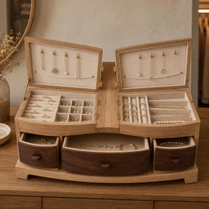 May include: A wooden jewelry box with two hinged lids that open to reveal beige velvet interiors with necklace hooks, ring slots, and small compartments. The base features three dark wood drawers with wooden pulls for additional storage.