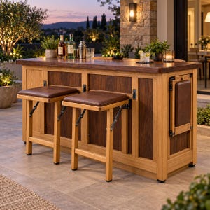 May include: A rectangular wooden bar table with a dark brown top and light oak frame, featuring two attached folding stools with brown padded seats. The bar includes dark wood paneling, metal hardware, and a side-mounted folding seat mechanism.
