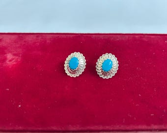 Navajo Style Sterling Silver Turquoise Stud Earrings, Oval Cabochon Sunburst Concho Studs, Southwestern Native American Style Jewelry