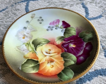 Antique T&V Limoges Hand Painted Morning Glories Plate, Signed Léger, Gold Gilt Cabinet Plate, French Porcelain c. 1900, Floral Wall Art