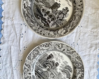 Set of 2 Vintage Spode Transferware Plates, Lucano Castle, Black White English China