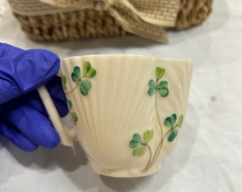 Vintage Belleek Shamrock Teacup – Neptune Shell Pattern, Irish Parian China