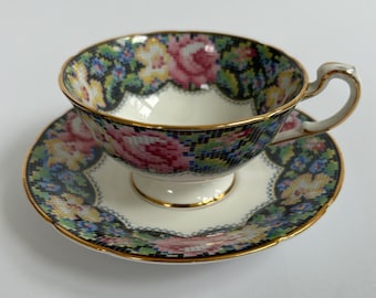 Paragon Petit Point Needlepoint Chintz Tea Cup Saucer Bone China England AS-IS