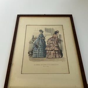 Antique 1870 French Fashion Plate, Train Station Scene, Hand Colored Engraving, Journal des Dames Edition Belge, Framed Victorian Art