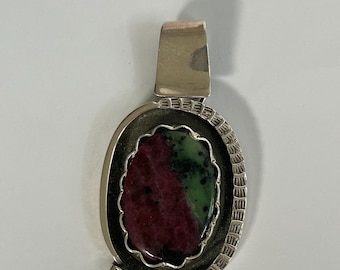 Ruby Zoisite Sterling Silver Pendant Large Statement Navajo Style Handcrafted Oval Cabochon Shadow Box Anyolite Stamped Bail