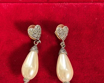 Vintage BOMA Sterling Silver Marcasite Pearl Drop Heart Earrings