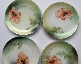 Antique RS Tillowitz Silesia Cake Set Poppy Hand Tinted 1910s Germany 5pc