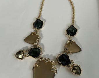 Alexis Bittar Bib Necklace Lucite Moss Agate Pyrite Crystal Statement Gold Tone