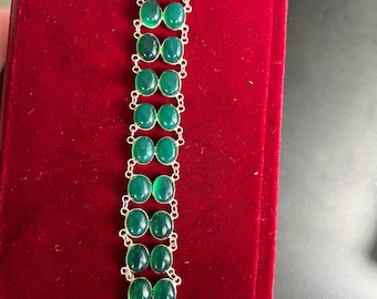 Green Onyx Sterling Silver Cabochon Bracelet, Double Row Statement
