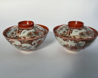 Antiguo Meiji Kutani Lidded Bowls Par Akae Porcelana Japonesa