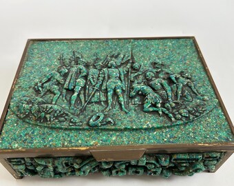 El Arte Azteca Brass Malachite Hinged Box Mexico Vintage MCM 1960s Aztec